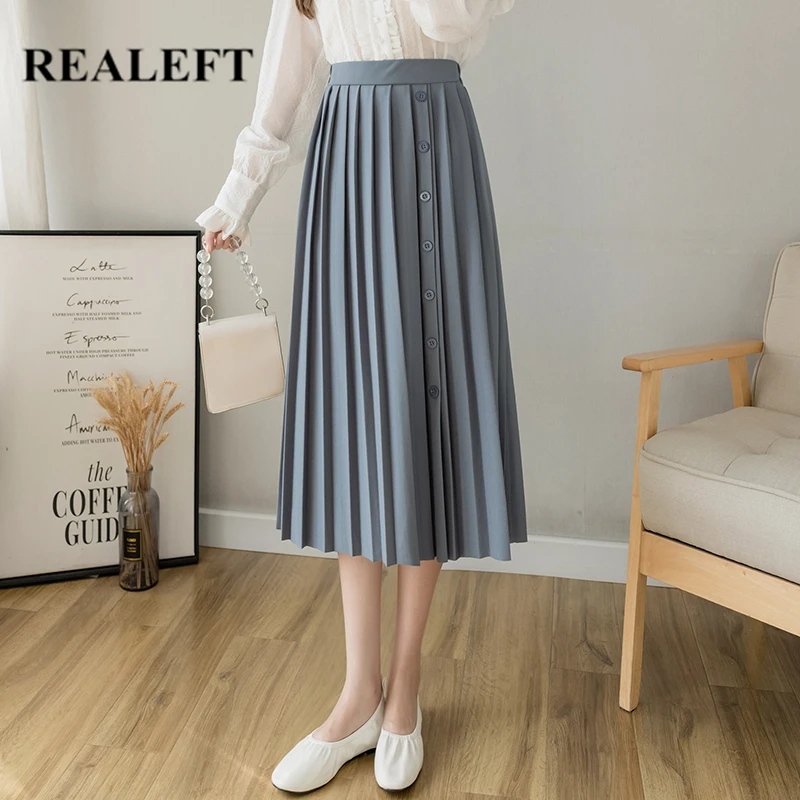 

REALEFT 2021 New Women's Pleated Skirts Solid Fashionable High Waist Single Breasted Elegant Female Midi Skirts Spring Summer
