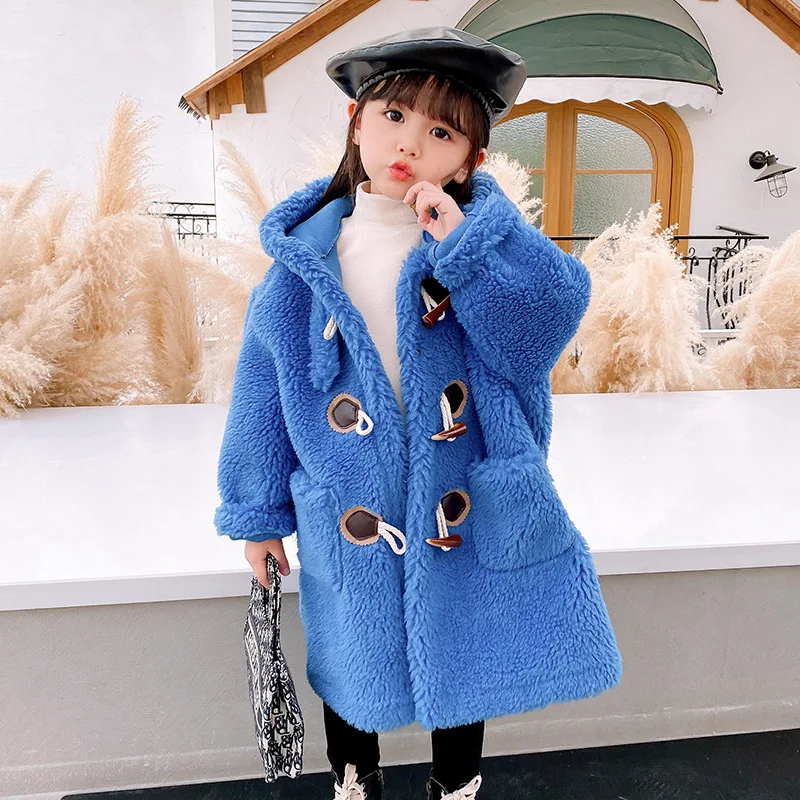 

MENINA BONITA 2022 New Long Winter Jacket For Girl Real Fur Coat Knitting Wool Hooded Collar Horn Button Warm Children Outerwear