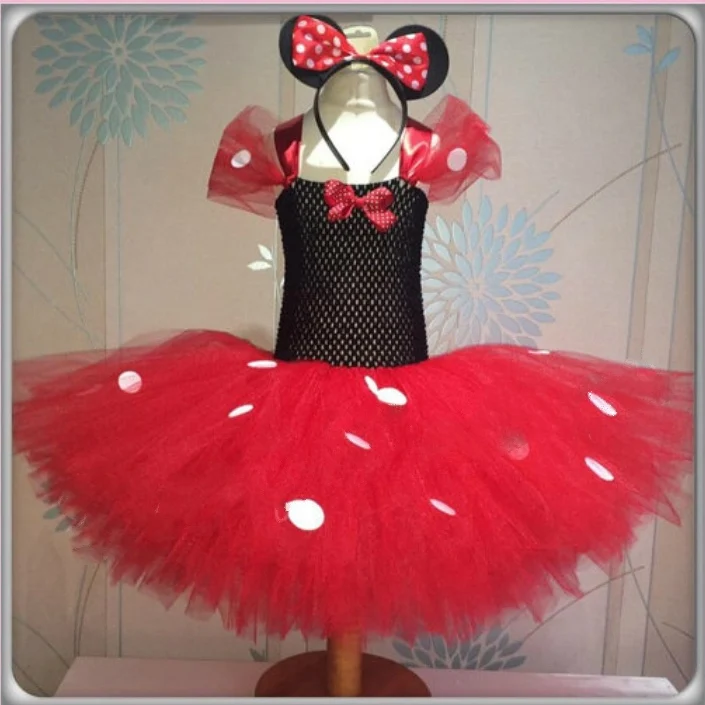 Vestido tutú rojo de Mickey Minnie para niñas, vestido de tul de ganchillo para niños con punto blanco y lazo para el pelo, disfraz de fiesta para niños