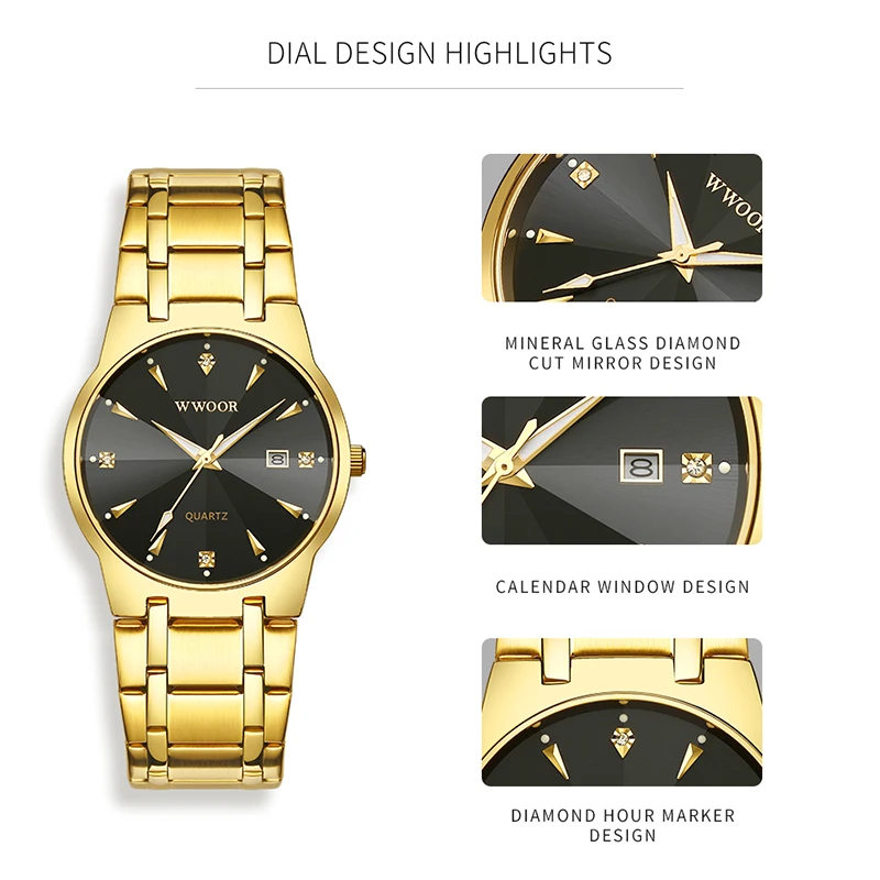 WWOOR Watches For Men Luxury Gold Quartz Clock Automatic Date Man\'s Wristwatch Sports Waterproof Male Watch Relogio Masculino