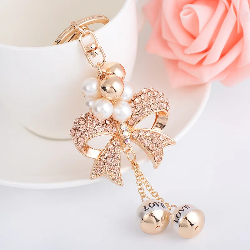 Exquisite Woman Jewelry Imitation Pearls Beads Crystal Alloy Bow Chain Keychain Car Trinke Bag Pendant Girl Gift Keyring