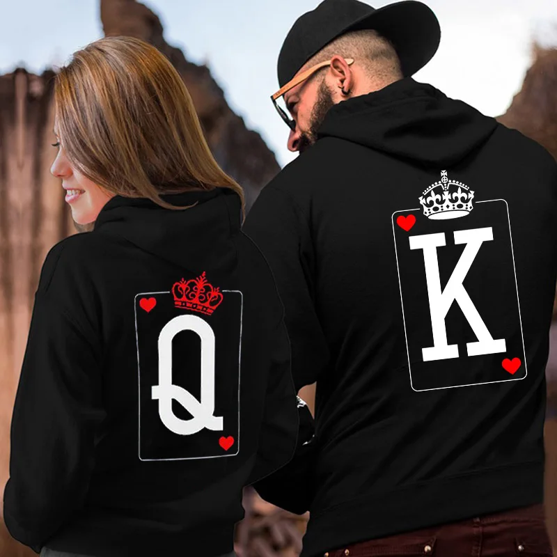 Female Full Sleeve Casual  Pullovers Tops QUEEN KING Poker Couple Hoodies Autumn Winter Women Men Harajuku Hooded Sweatshirt