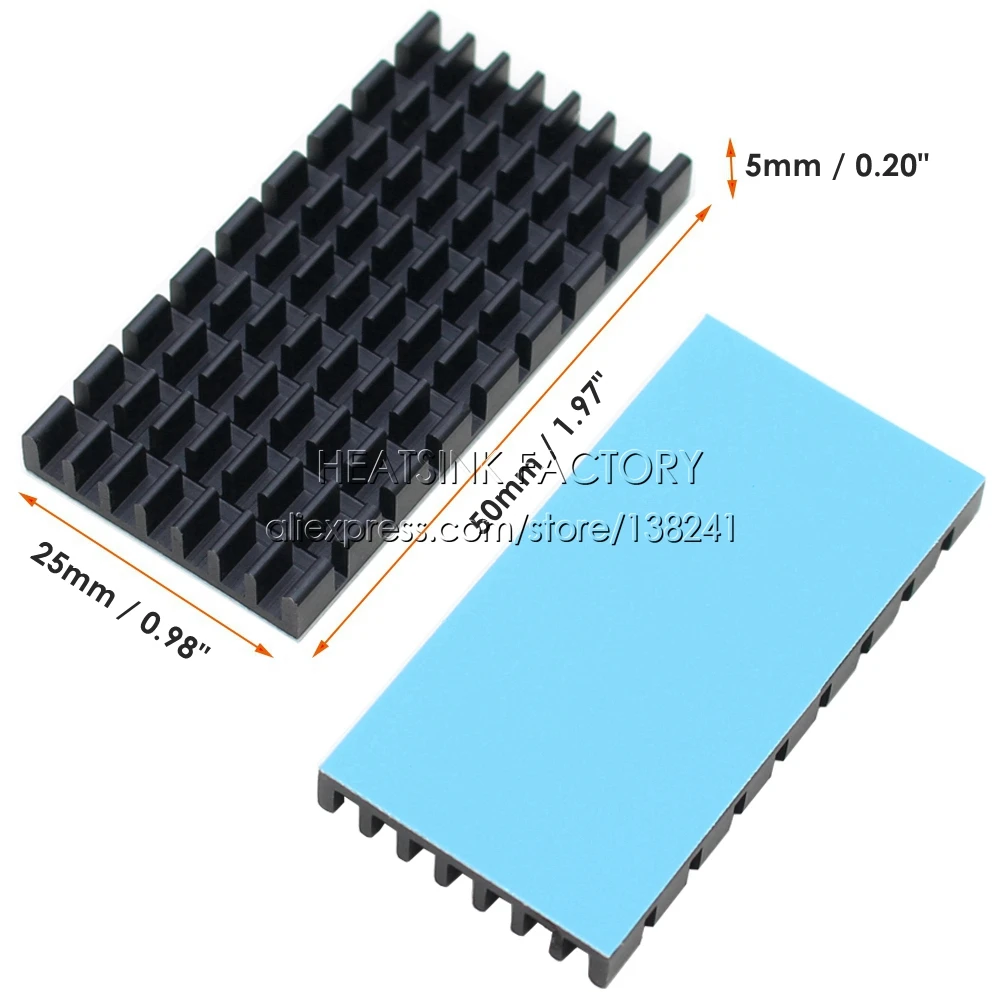 HEATSINK FACTORY Black 50*25*5mm Aluminum Heat Sink Chipset Radiator Cooler With Thermal Adhesive Pad