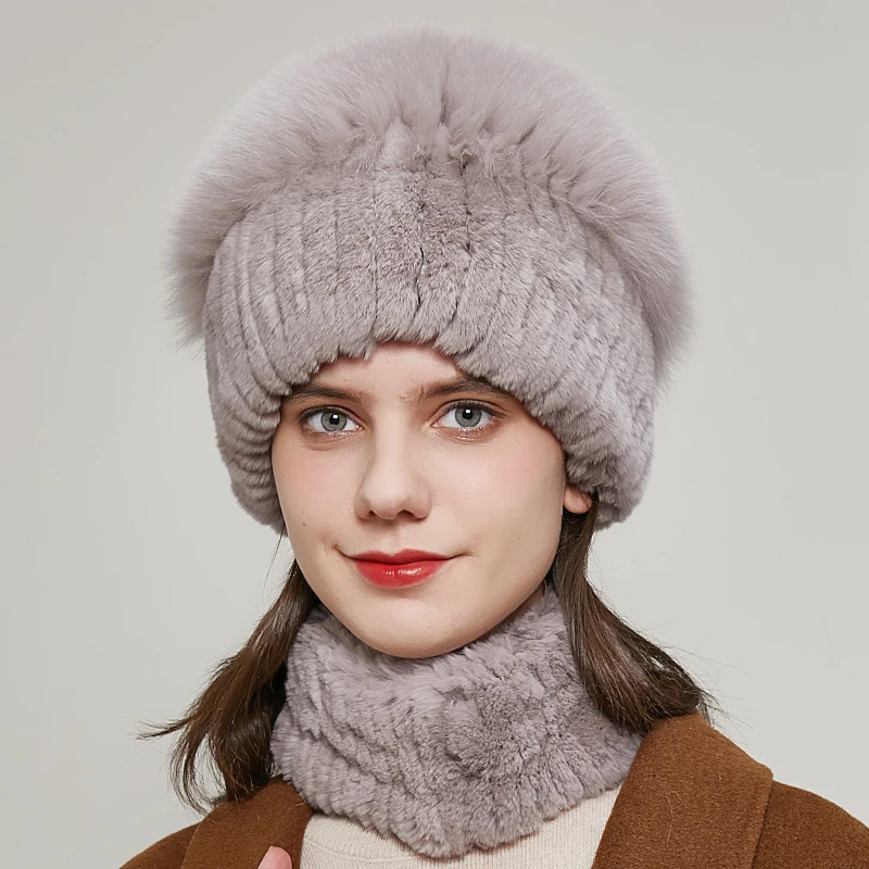 Winter Natural Rex Rabbit And Fox Fur Hat Russian Female Fur Headwear Brand New Fashion Warm Fox Fur Ball Beanie Fur Caps