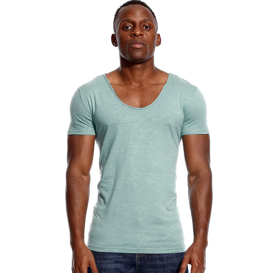 Deep V Neck T Shirt for Men Low Cut Stretch Vee Top Tees Slim Fit Short Sleeve Fashion Male T Shirt Invisible Casual Summer