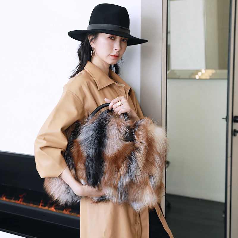 ZDFURS* 2021 New Women Silver Fox Fur Handbags Genuine Cowhide Hard Handle Big Handbag Full-pelt Red Fox Fur Large Shoulder Bag