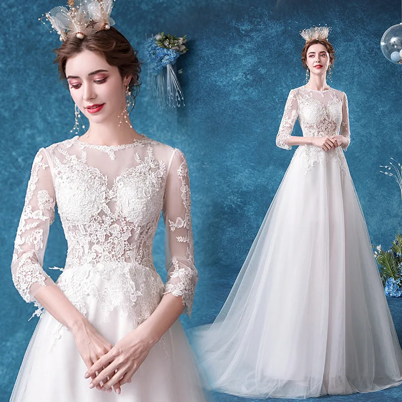 

A Line Wedding Dresses Netting Satin Applique Scoop Neck 3/4 Sleeve Floor Length Bridal Gown Court Train Corset Back