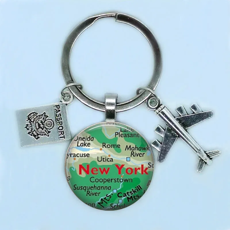 New 25mm World Travel City Map Aircraft Keychain New York Florence Finland Los Angeles Africa United Kingdom Native Map Badge Ke