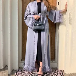 Maxi Dress Eid Djellaba Abaya Dubai Shiny Soft Silky Muslim Abaya Feather Stitching Muslim Dress Islam Abayas With Belt WY85