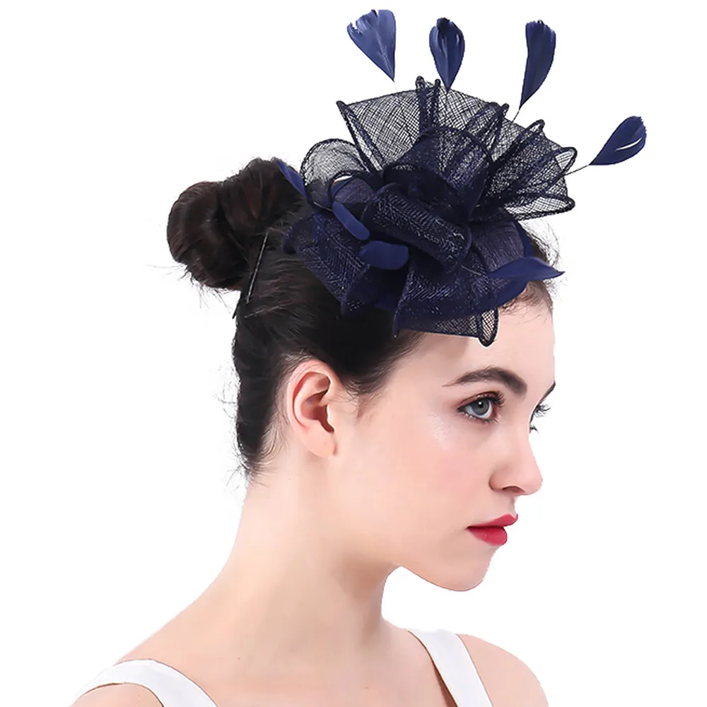 

Navy Blue Millinery Sinamay Feather Hats Fascinator Hair Accessories Women Kentucky Derby Party Headwear Event Occasion New