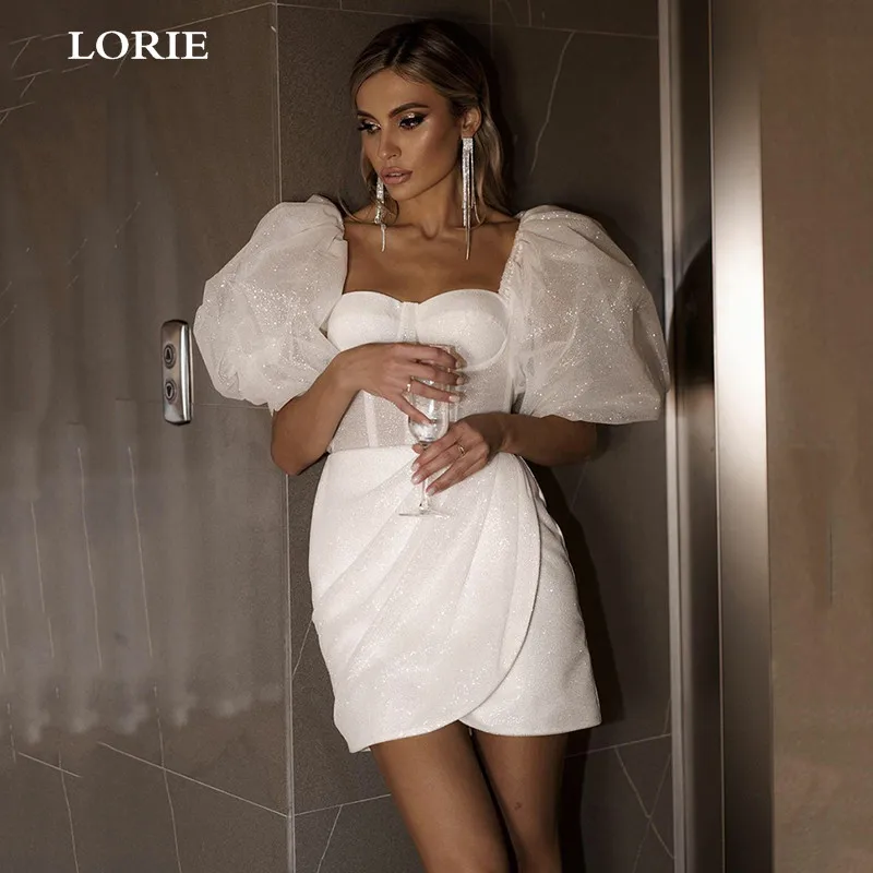 

LORIE Shine Glitter Tulle Short Wedding Dress Puff Sleeve Beach Sweetheart Bride Dresses Above Knee Length Wedding Party Gowns