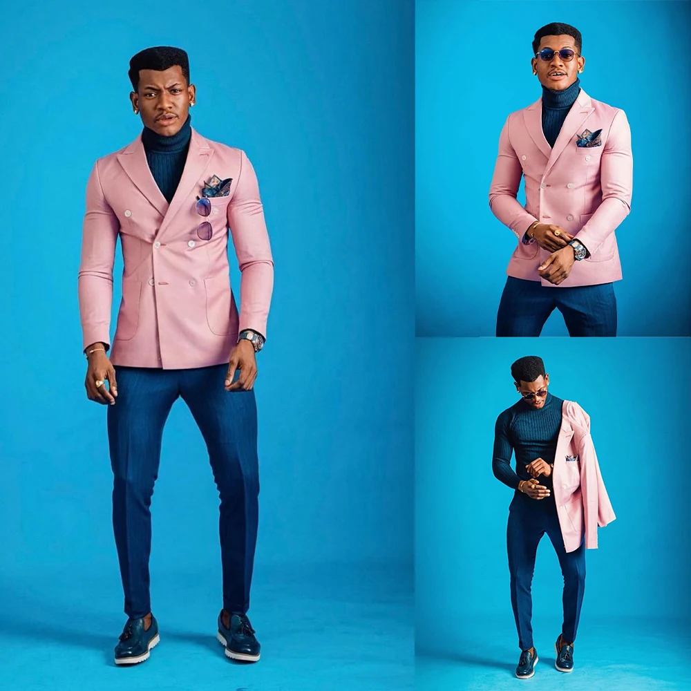 Roze Plus Size Mannen Pakken Dragen Bruiloft Blazer Smoking Double Breasted Kleding Voor Bruidegom Prom Jas Broek Slechts Een Jas