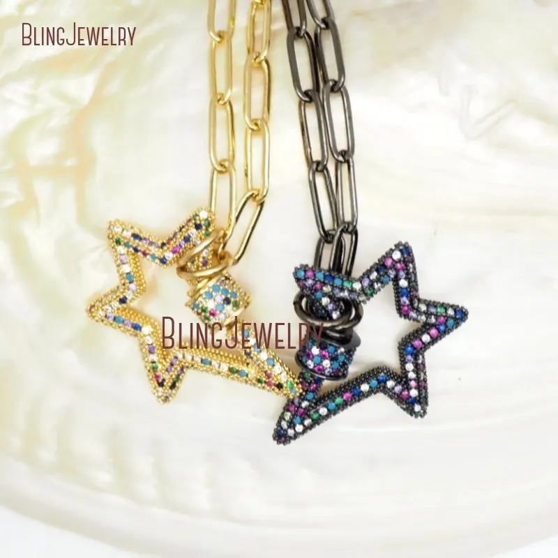 Rainbow Color CZ Star Lock Necklace Stoned StarLock Zircon Micro Paved Screw Clasp Charmholder  NM32438