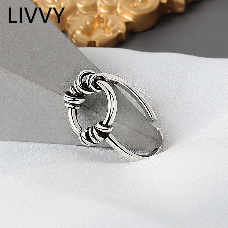 LIVVY  Silver Color Retro Distressed Double Knotted Line Ring Female Trend Woven Fashion Opening Jewelry Accessories