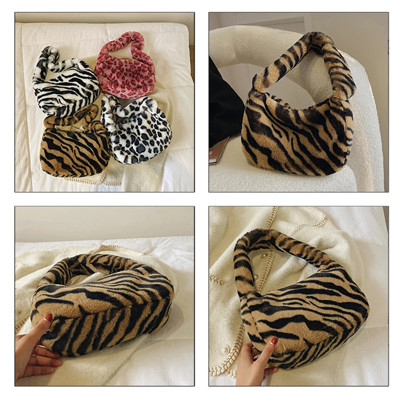 Leopard/Tiger/Zebra Pattern Plush Tote Bags For Women 2021 New Soft Fluffy Bag Furry Luxury Designer Handbag Fur Shoulder Hobos