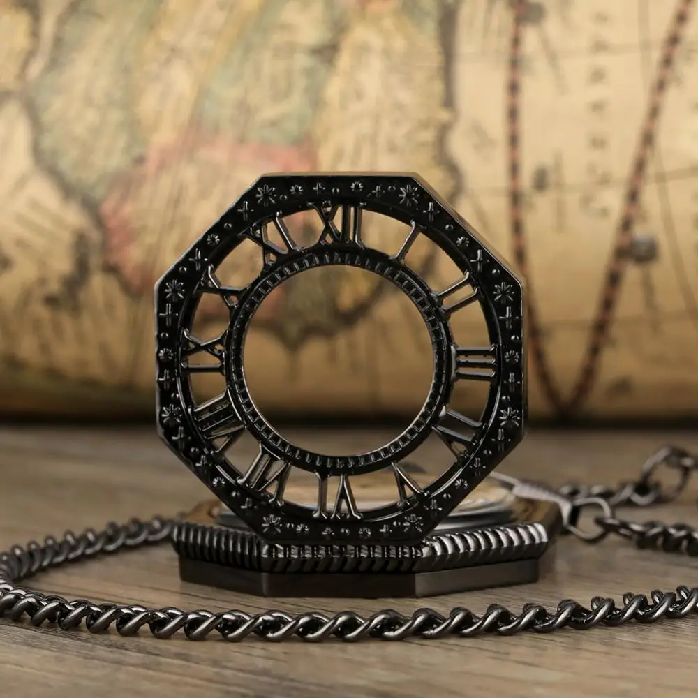 Unique Octagon Shaped Mechanical Hand Winding Pocket Watch Roman Number Hollow Clock Steampunk Fob Watch Chain reloj de bolsillo