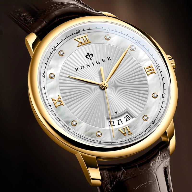 PONIGER, reloj de cuarzo de cuero genuino de lujo para hombre, reloj de pulsera con cristal de zafiro resistente al agua y fecha, movimiento de cuarzo japonés para hombre