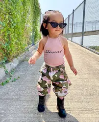 Summer Toddler Girl Sleeveless Letter Printed High Neck Halter Tops Camouflage Printed Long Pants 2pcs Outfits Children Clothing