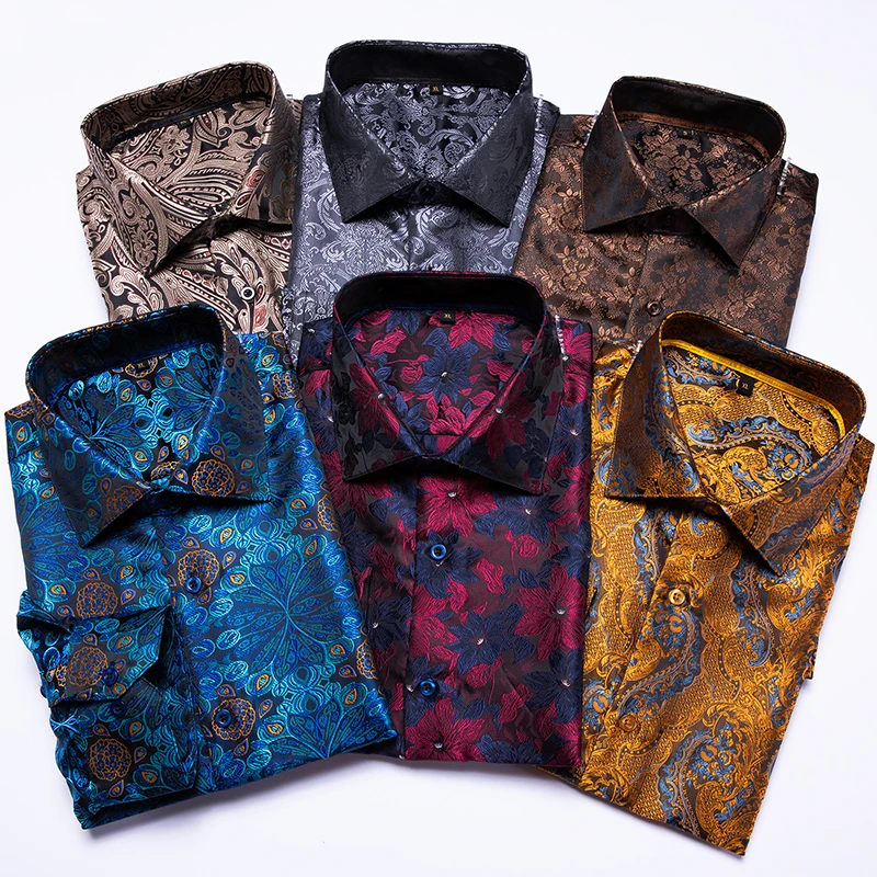 Hi-Tie Blue Men\'s Shirts Paisley Floral Silk Gold Long Sleeve Casual Shirts For Men Jacquard Male Business Party Wedding Dress