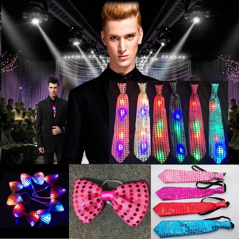 Mens Boys Bowtie LED Flashing Light Up Sequin Necktie Club Bar Christmas Party Women Bow Tie Wedding Ties Holiday Gift Color