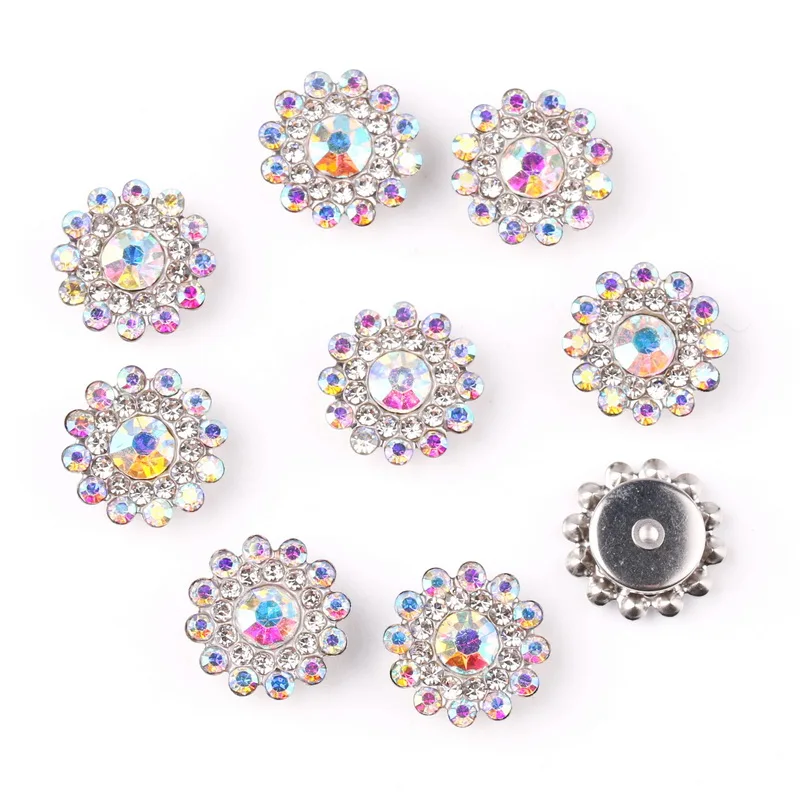 14mm Blumenförmige runde Glaskristall-Strasssteine mit goldener Basis, flache Rückseite zum Aufnähen, Strassperlen, DIY-Verzierung – Detail 3