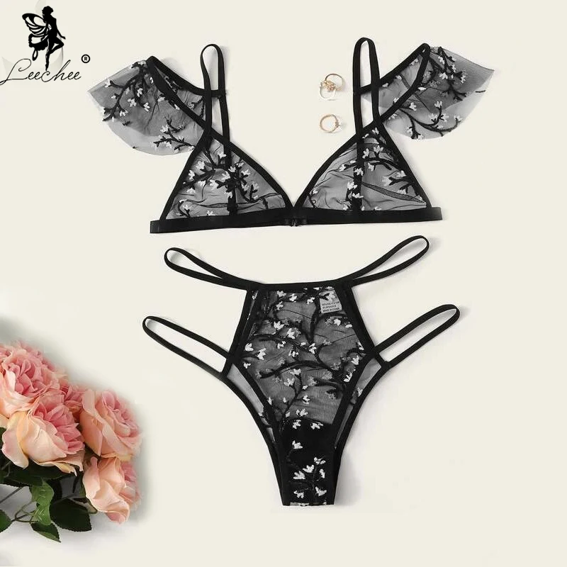 Leechee New Sexy Bra Floral Embroidery Sheer Mesh Lingerie Set Push Up Bralette+Hollow Out Thong Women Sexy Intimates Underwear