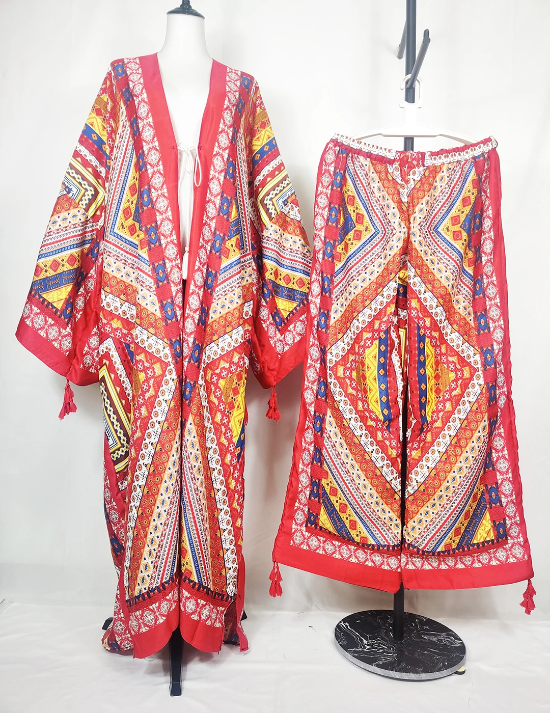 African Women Fashion Outfits Printed Two Pieces Set Plus Size Bohemian Kuwait Loose Kaftan Pants +Long Kimonos For Party
