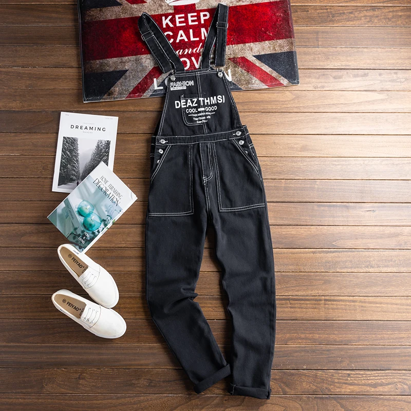 Loose Letter Black Overalls Men Denim Jumpsuit Bib Jeans Korea Hip Hop Streetwear Rompers Casual Big Pocket Cargo Pants Trousers