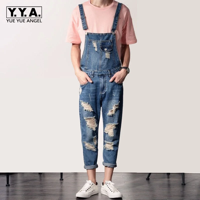 Summer Harajuku Men Hole Ripped Jeans Jumpsuits Plus Size Male Trousers Slim Denim Overalls Retro Casual Cowboys Suspender Pants