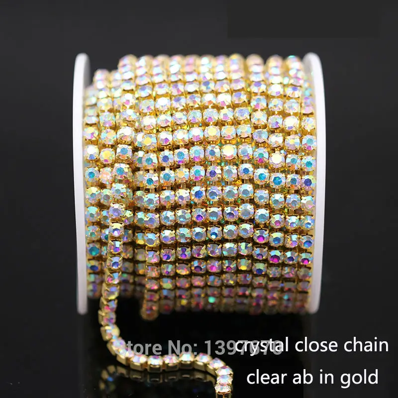 1Yrads/lot ss6-ss18  dense Crystal ab  in gold plated base close rhinestone Cup chain for clothing ornament accessories dress