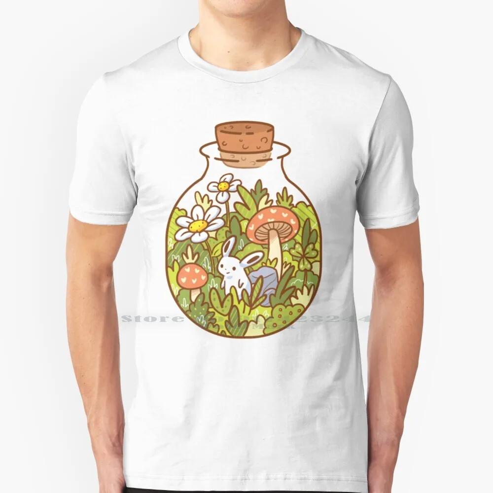 Bunny In A Bottle 100% Cotton T Shirt Bunny Bunnies Rabbits Garden Flowers Foliage Grass Green Leaves Plants Mushrooms Nature