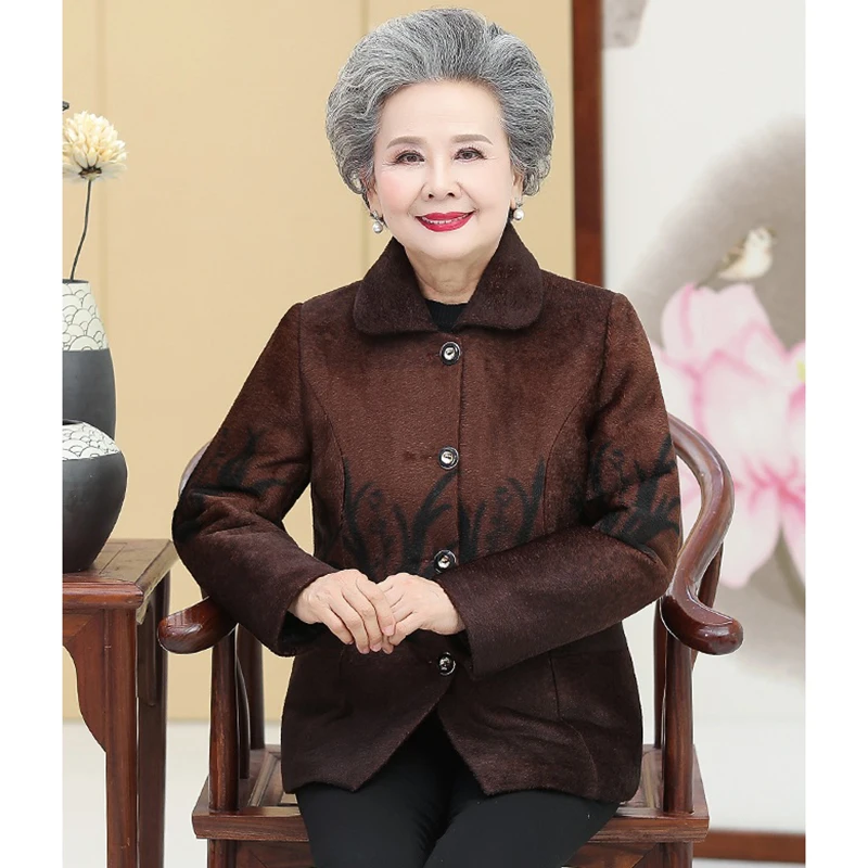 Middle-aged and Elderly Women\'s Coat Winter Jackets Short Imitate Mink Fleece Single-Breasted Thicken Printing Overcoat 5XL