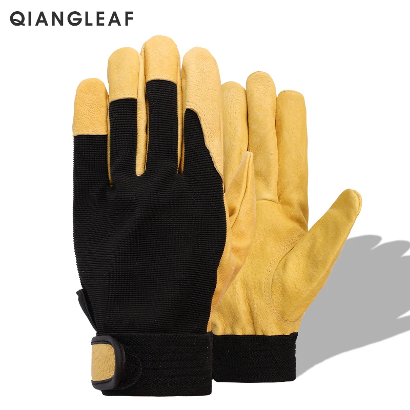 QIANGLEAF Brand New Protection Safety Glove Cowhide men yellow Leather Driver Security Protection Racing Moto Work Gloves 508NP