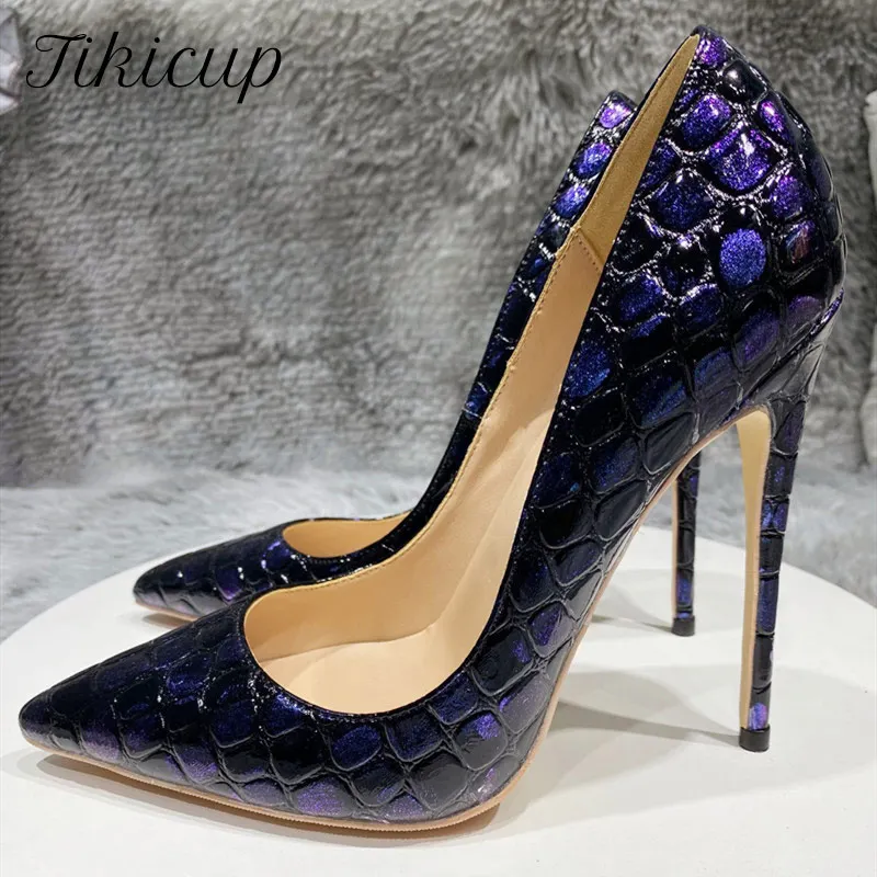 Tikicup Navy Blue Women Croc-Effect Embossed Patern Stiletto High Heels Sexy Ladies Pointed Toe Slip On Party Pumps Shoes