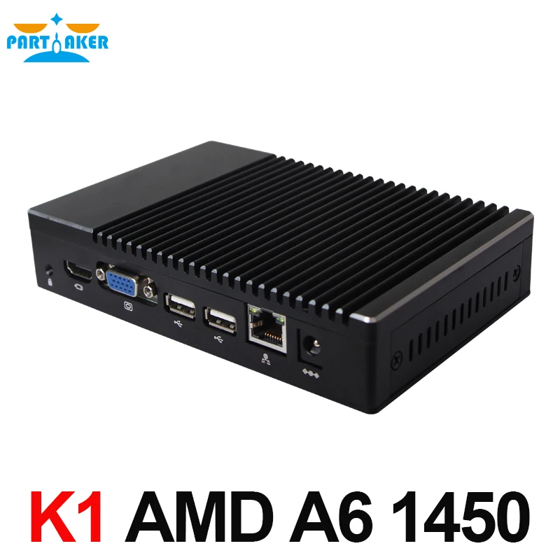 Parteaker Mini PC senza ventola AMD A6 1450 Quad Core Computer industriale Mini PC desktop Windows 10 Pro HDMI VGA Accensione automatica