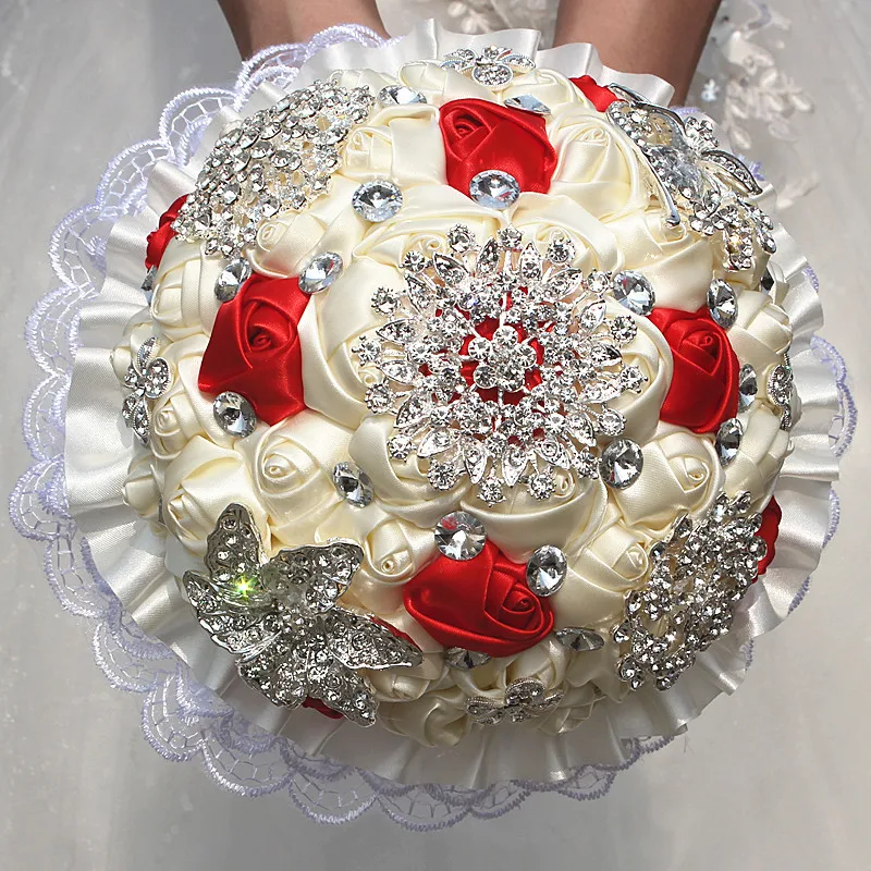 Ivory Red White Lace Wedding Bouquets Satin Lace Ribbon Pearls Artificial Flowers Rhinestones Crystal Quinceanera Bouquets W2298