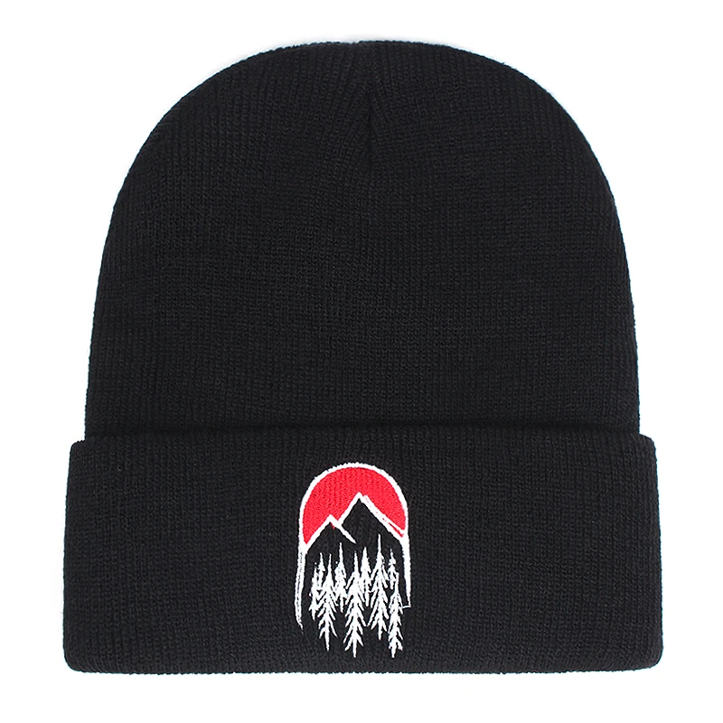 Winter Sunrise Knit Hat Cotton Embroidery Cartoons Warm Outdoor Women Men Ski Knitted Skullies Beanie Unisex Dropshipping