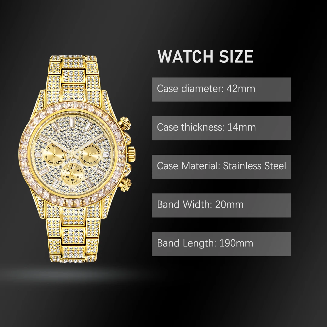 Gold Men Watch With Rainbow Diamond Bezel MISSFOX Chronograph Three Dial Waterproof Watches For Male Sport Stylish Timepieces