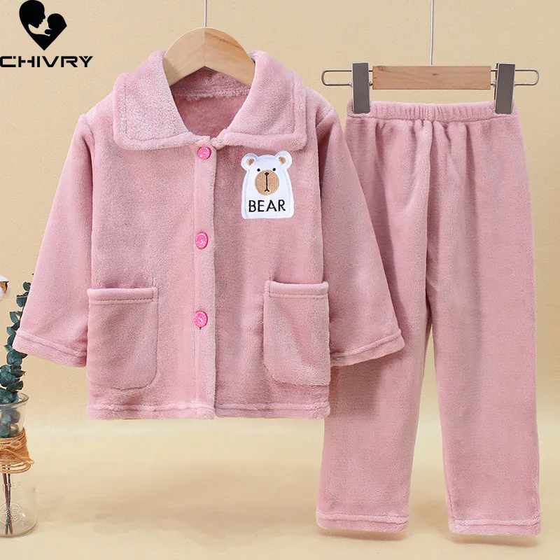 Set pigiama in flanella morbida per bambini ragazzi ragazze autunno inverno addensare Warm Home Wear bambini bavero manica lunga set di abbigliamento per dormire