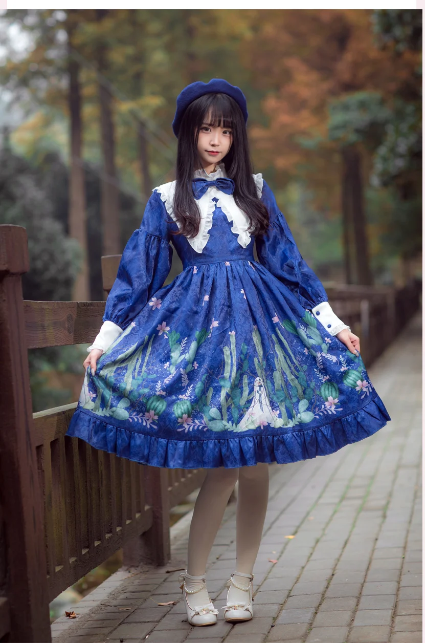 Gothic palace sweet lolita dress vintage falbala stand bowknot cute printing victorian dress kawaii girl gothic lolita op cos