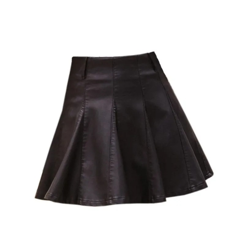 

2022 PU High Waist Sheds Pleated Leather Black Skirt Women A-Line Puff Skirts Plus Size XXXL 4XL Female Skirts