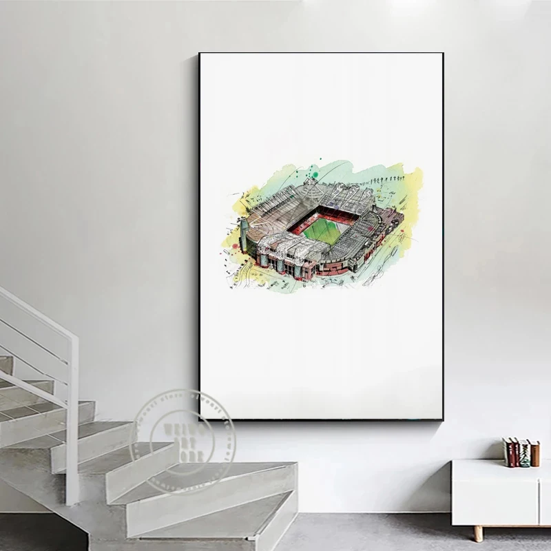 Watercolour Old Trafford Football Stadium Poster Soccer Canvas Art Prints Painting Picture for Man U Fan Living Room Wall Decor