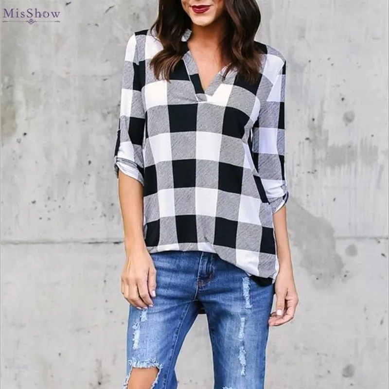 Plus Size 5XL Stand Neck Long Sleeve Grid Women Blouse Plaid Shirts Vintage Women Tops and Blouses Loose Lattice Blusa Feminina