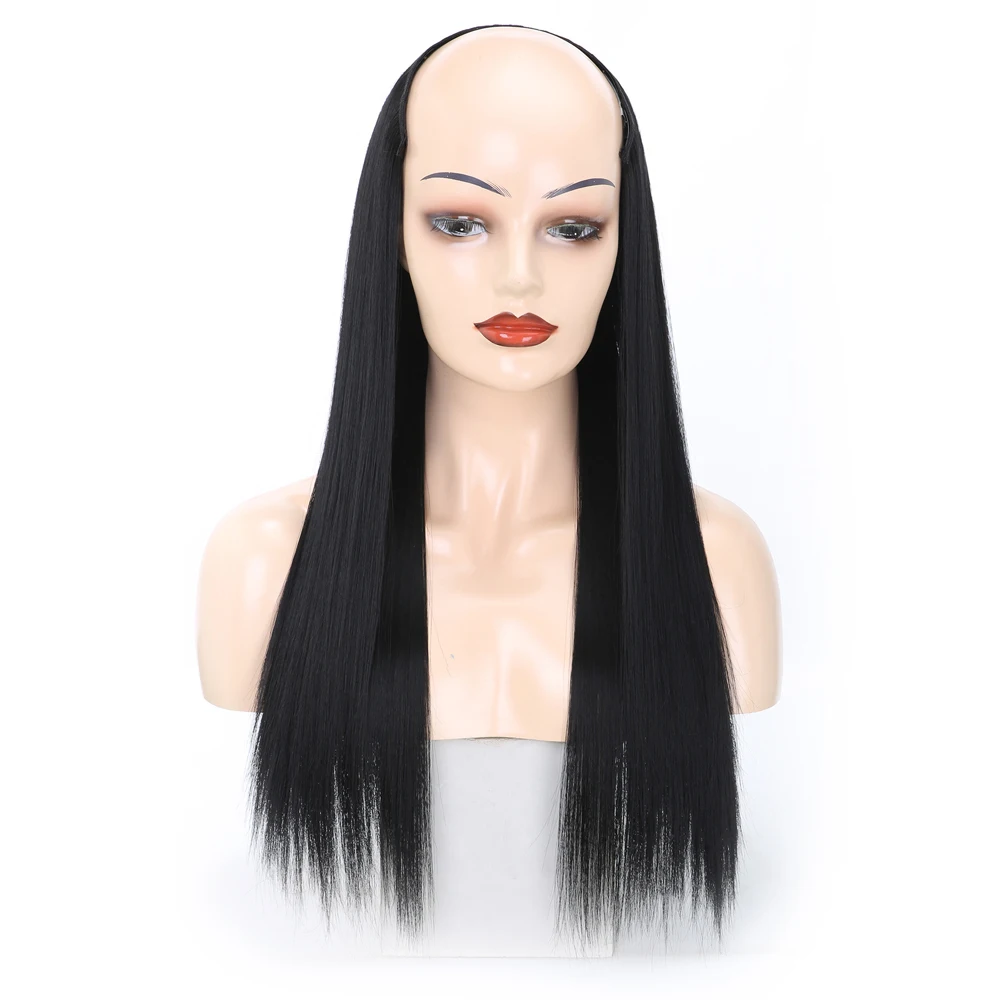 Synthetic Long Straight U-Shaped Half Wig For Black Women 24 Inch High Temperature Fiber Fake Hair Natural Black Brown Wigs