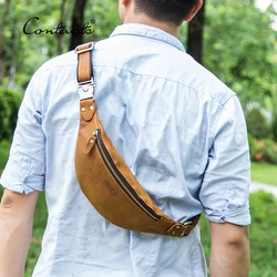 CONTACT'S 100% Crazy Horse Leather Men Waist Bag Casual Fanny Pack Belt Phone Pouch Bags Small Chest Packs for Man Shoulder Bag