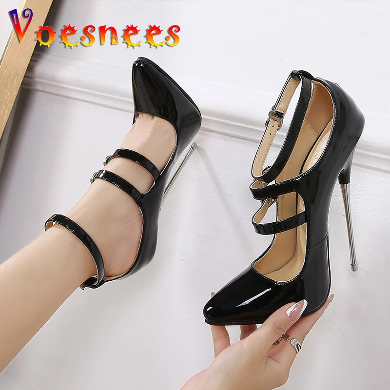 2021 Spring Autumn New 16CM Women Pumps Extreme Belt Buckle High Heels Fetish Sexy Pointed Toe Cross  DresserShoes Plus Size 43