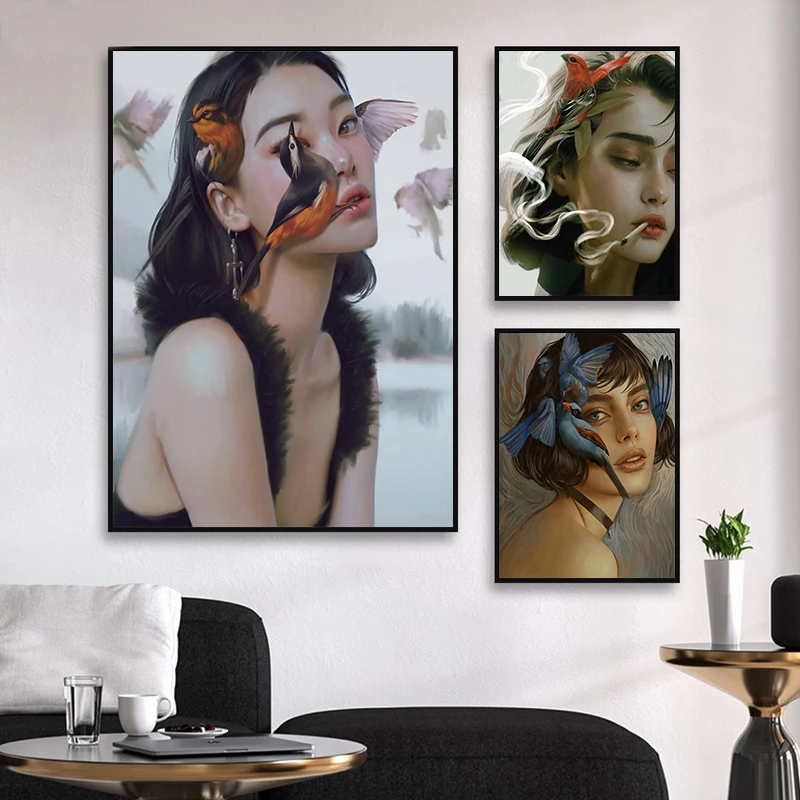 

Woman Poster Figure Painting Girl Smoking Canvas Pictire for Living Room Frameless Wall Art Prints for Home Design