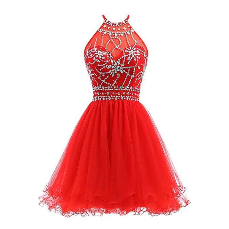 Tulle A Line Halter Beading Crystals Knee Length Bridesmaid Dresses Wedding Party Homecoming Birthday Evening Cocktail Backless