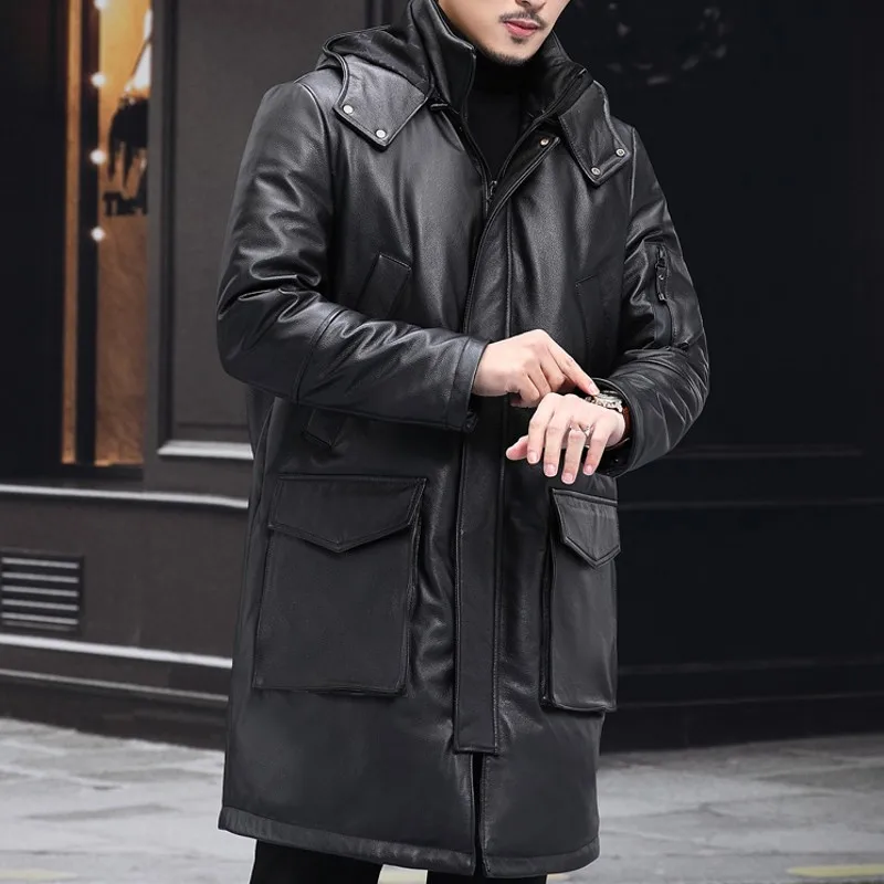 Winter New Down Jacket Mens Long Coat Cowhide Removable Cap Genuine Leather Loose Zippers Male Outerwear