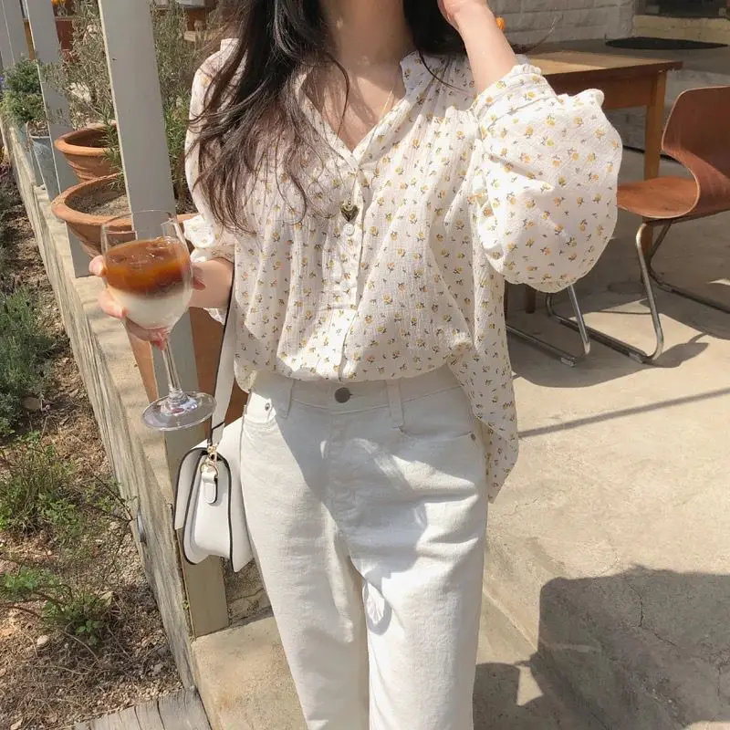 Women Shirts Floral Printed Chic Sweet Korean Style Casual Loose Spring Long Sleeve Femme Elegant Clothing All-match Tender New